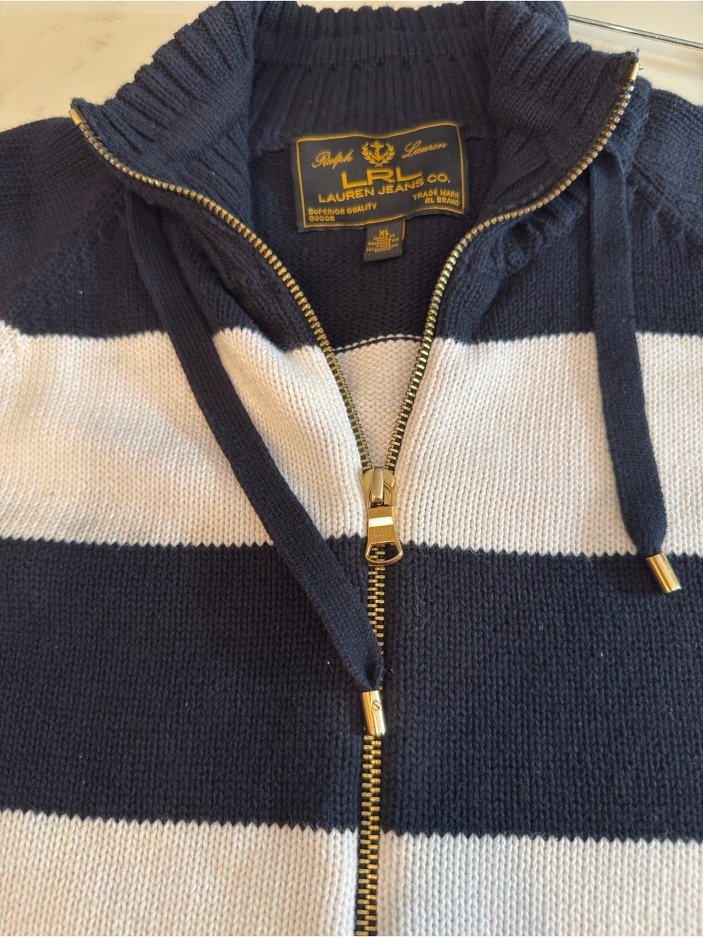 Lauren Ralph Lauren Navy and White Striped Zip-Up Sweater XL